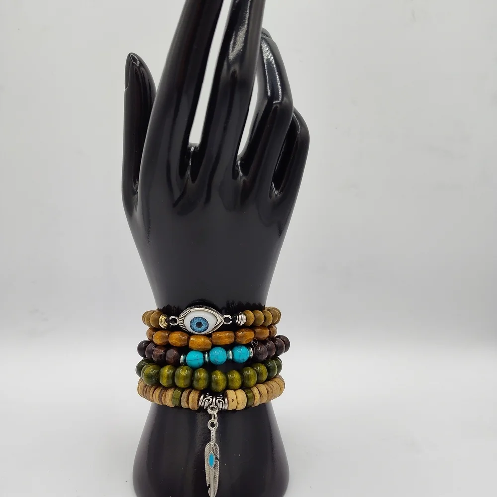 Hamsa Beaded 5-piece Bracelet Set with Turquoise & Silver Feather Dangle Detail - Picture 2 of 4